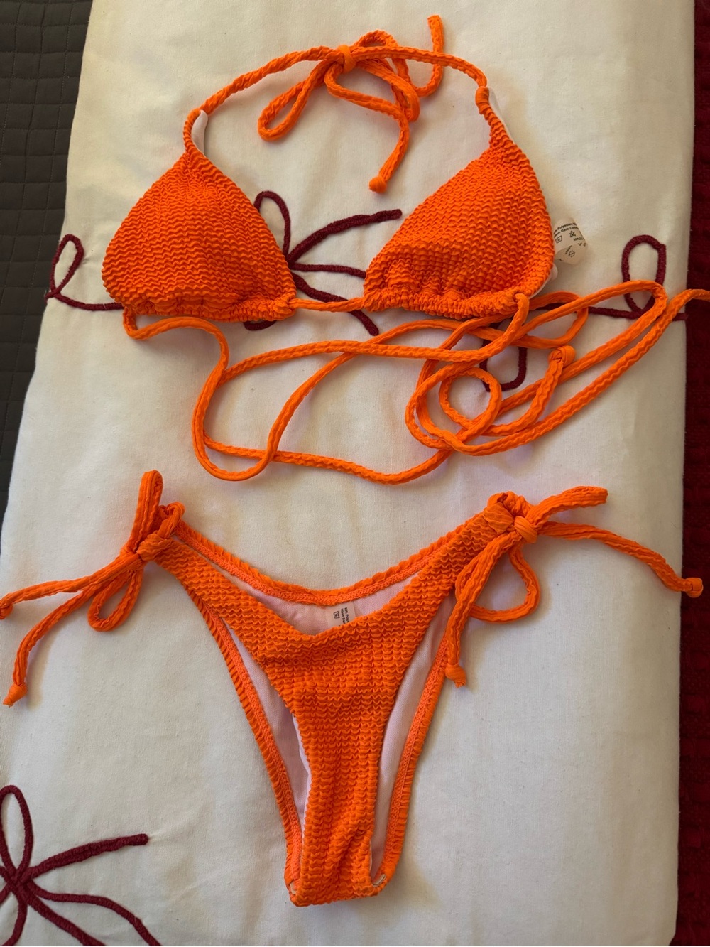 SHEIN Orange Textured Tie-Side Bikini Set
